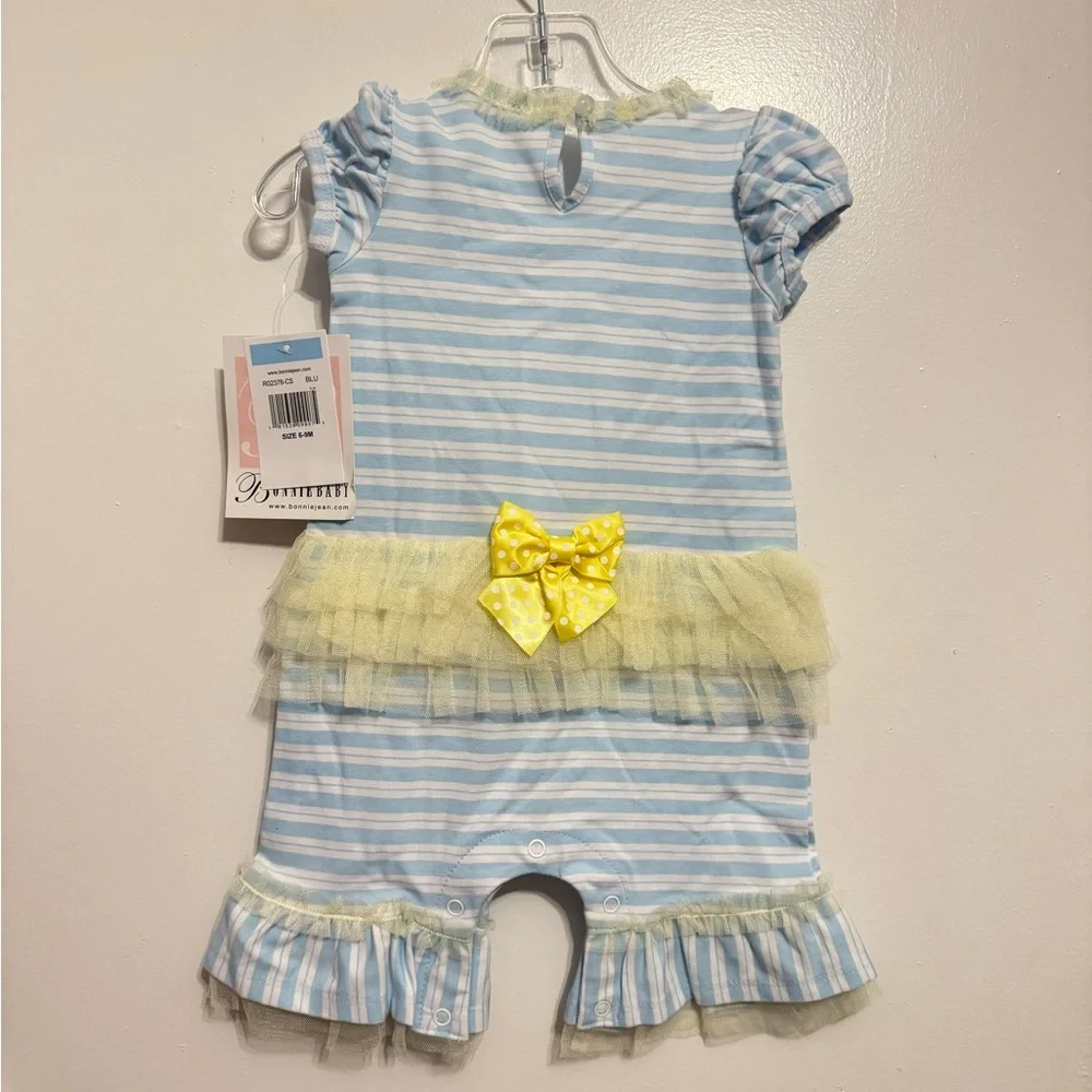 Bonnie Baby Blue Stripe Romper w/Applique Yellow Duck Size 6-9M - Picture 2 of 4